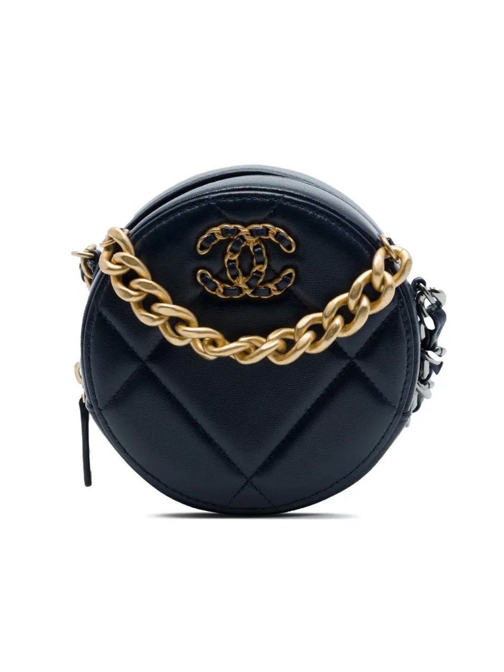 CHANEL Black Round Quilted Mini Crossbody with Gold Chain